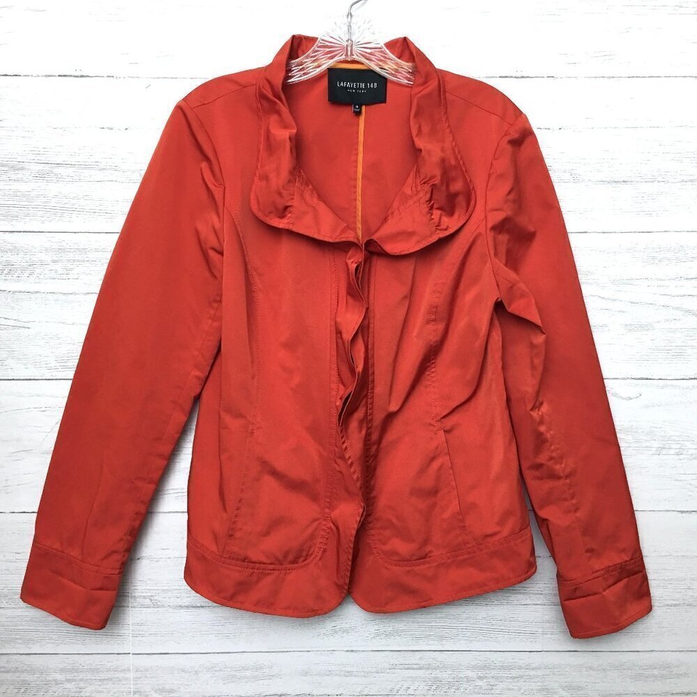 Lafayette 148 Women's Red Ruffle Neck Zipper Regine Jacket Long Sleeves size 10